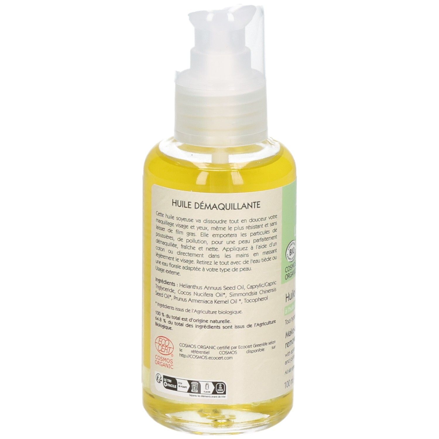 Flacon pompe, huile démaquillante jaune, label BIO, ingrédients.
