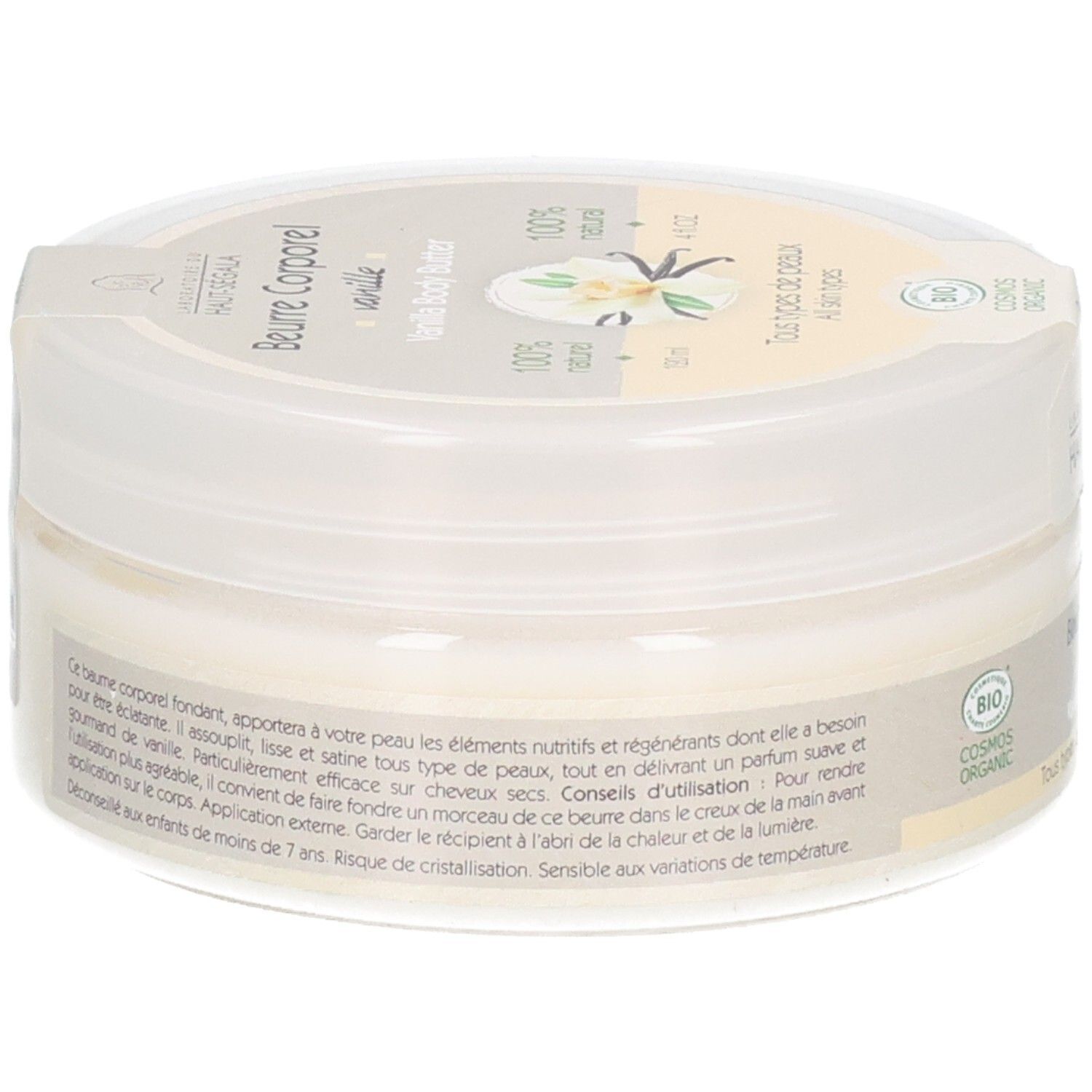 Arrière du pot de Beurre corporel vanille BIO de Laboratoire du Haut-Ségala avec instructions.