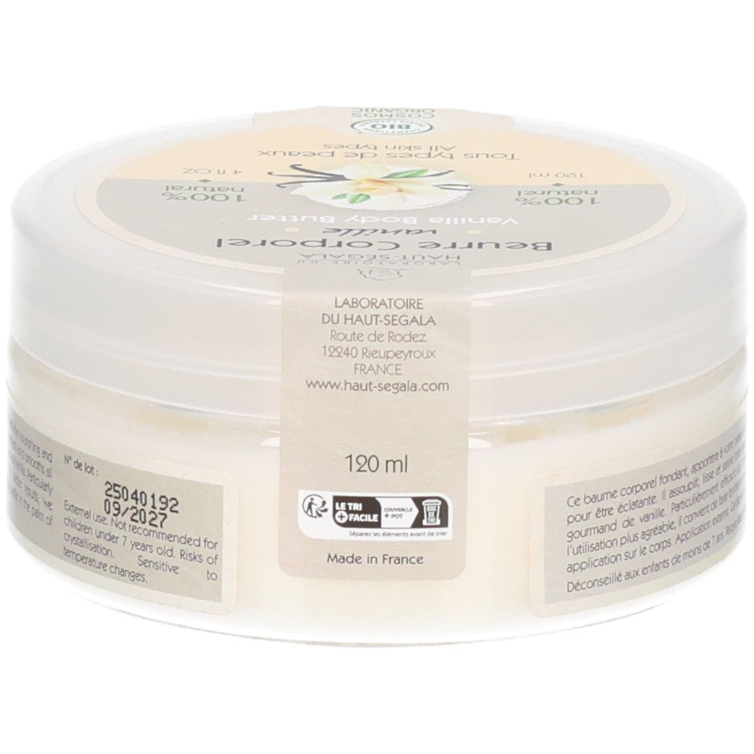 Bas du pot de Beurre corporel vanille BIO de Laboratoire du Haut-Ségala, 120ml, Made in France.