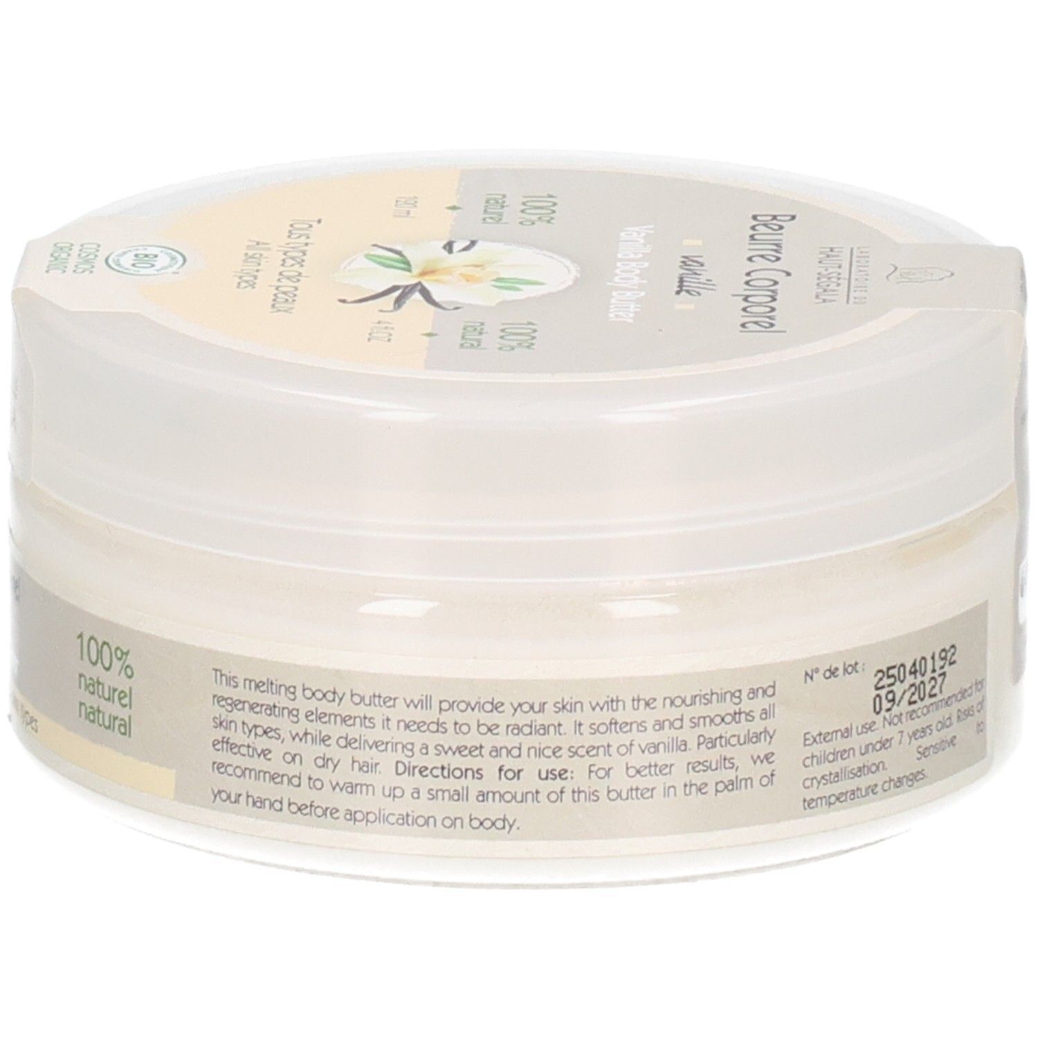 Arrière du pot de Beurre corporel vanille BIO de Laboratoire du Haut-Ségala, 100% naturel.