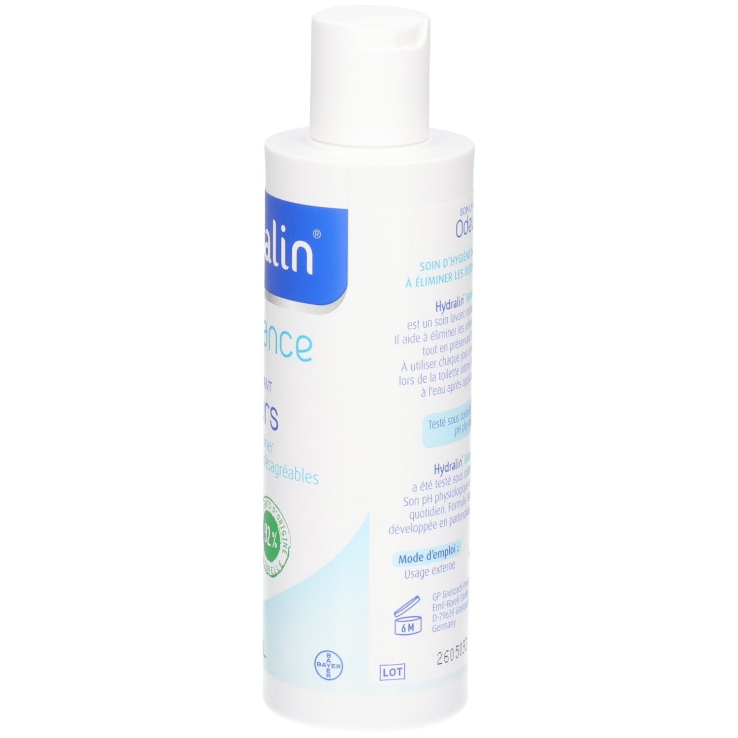 Hydralin Balance Odeurs: Flacon à bouchon blanc rabattable. Étiquette avec indications protection 12h et 92% d'ingrédients naturels.