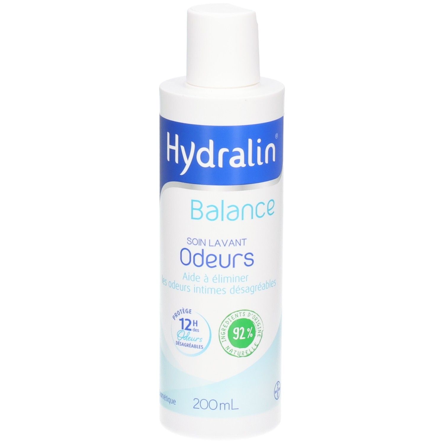 Hydralin Balance Odeurs: Flacon à bouchon blanc rabattable. Étiquettes bleue et blanche avec informations produit et sceaux.