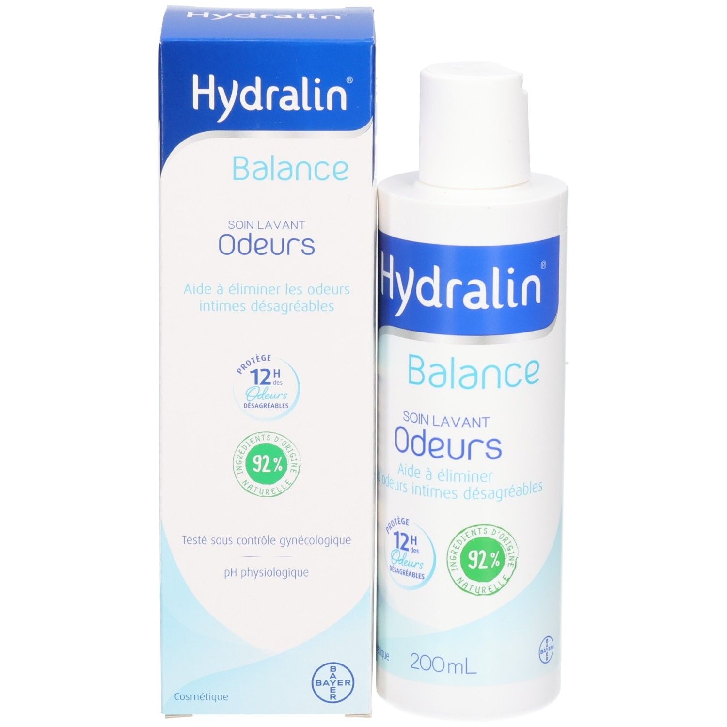 Hydralin Balance Odeurs: Flacon et emballage extérieur. Boîte en carton bleue et blanche avec informations produit.