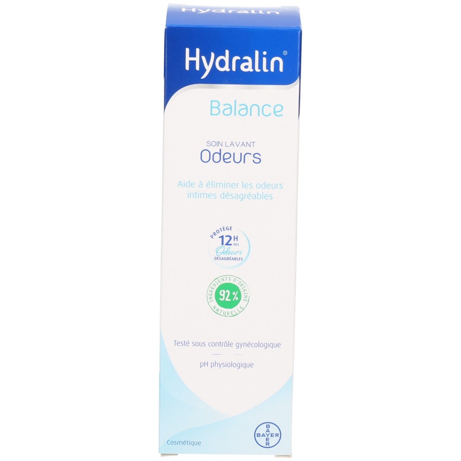 Hydralin Balance Odeurs: Emballage extérieur. Boîte en carton bleue et blanche avec informations produit et sceaux.
