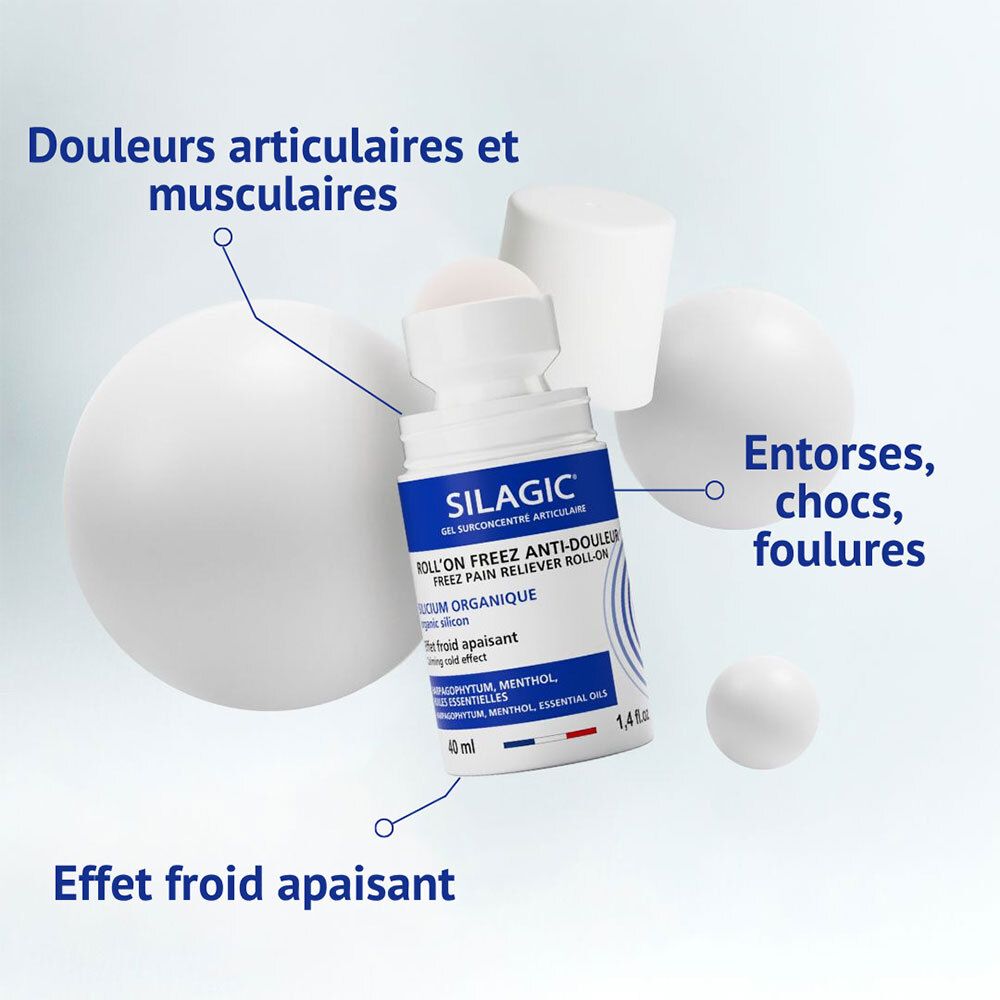 Silagic Roll-on Freeze avec sphères et texte sur douleurs articulaires et musculaires.
