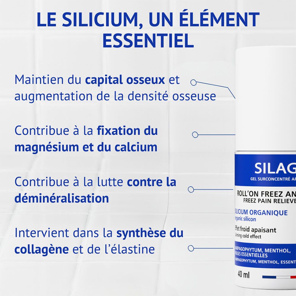 Silagic Roll-on Freeze avec texte sur le silicium et ses bienfaits osseux et collagéniques.
