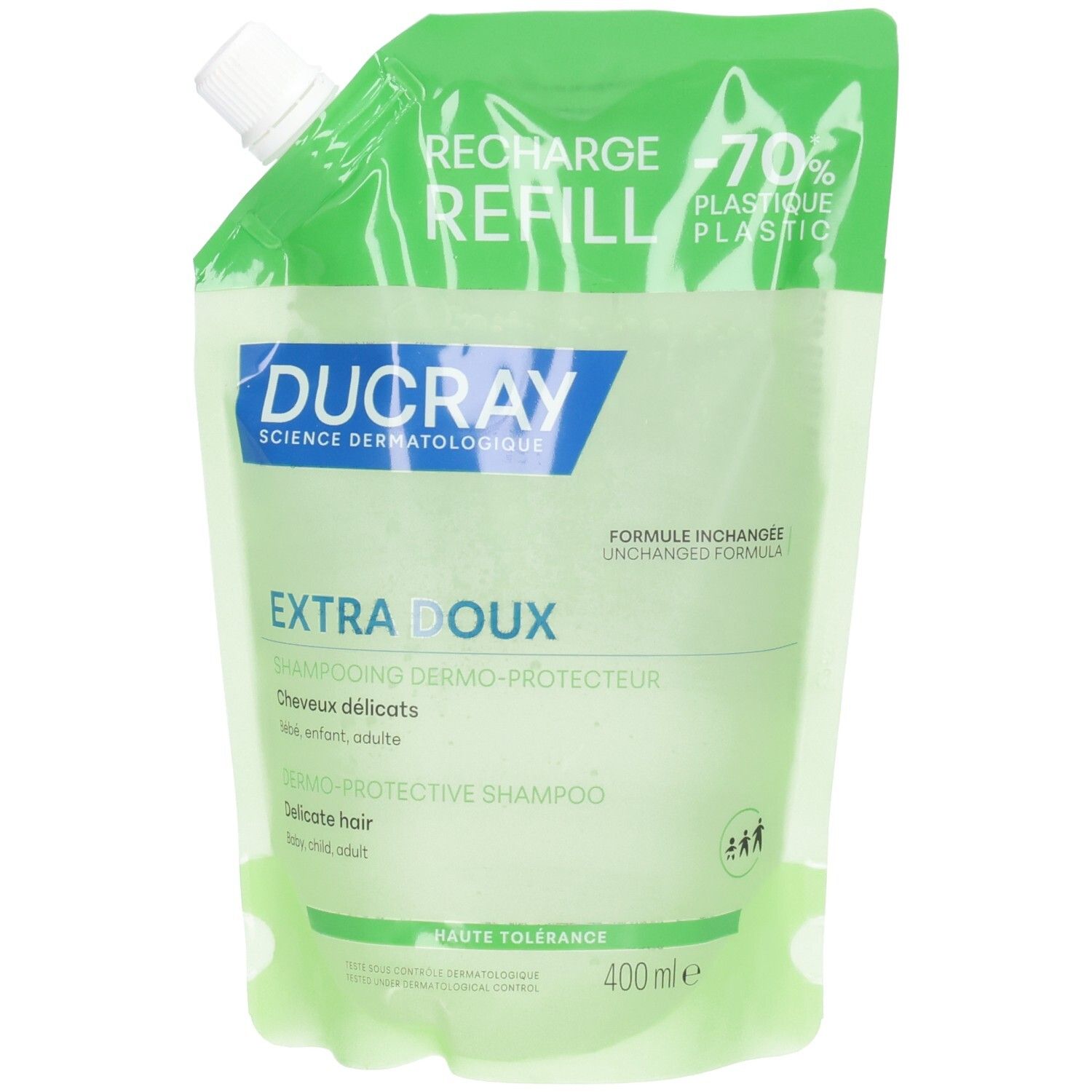 Ducray Extra Doux recharge pour shampooing, 400 ml, avec bouchon à vis.