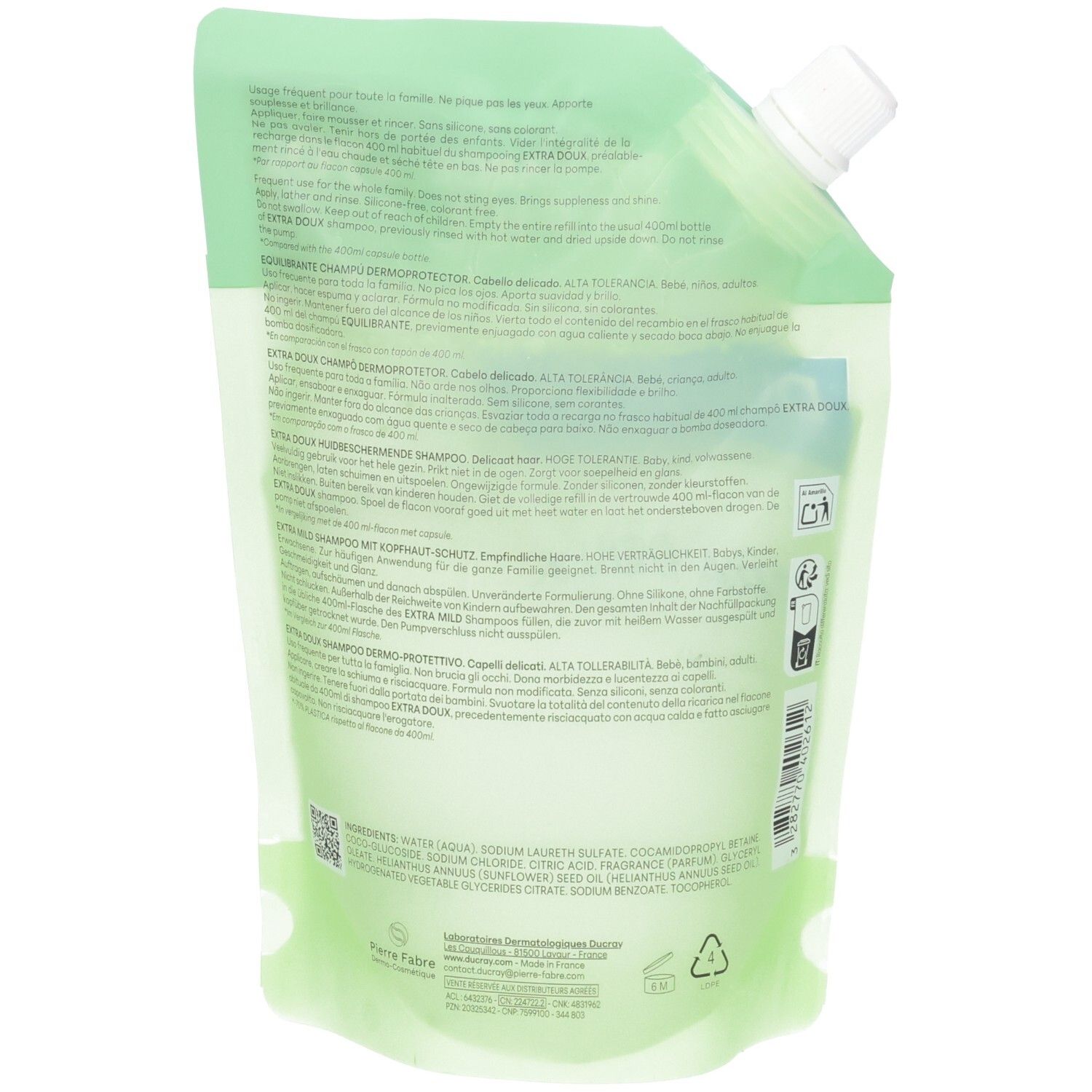 Arrière de la recharge Ducray Extra Doux pour shampooing, 400 ml, avec informations produit.