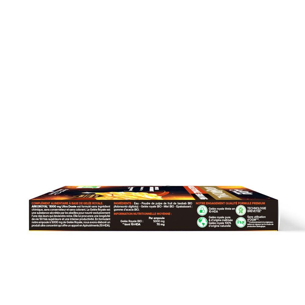 Vue latérale de la boîte Arkoroyal Gelée Royale 5000 mg. Contient des informations sur les ingrédients et la qualité.