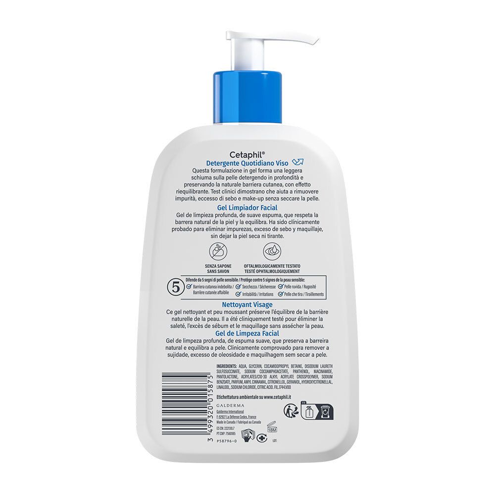 Dos Cetaphil nettoyant visage : ingrédients, instructions, logos.