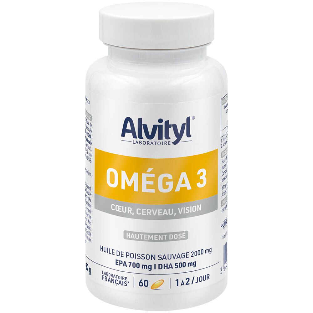 Alvityl Oméga 3: Flacon blanc avec étiquette jaune mentionnant Oméga 3, Cœur, Cerveau, Vision.