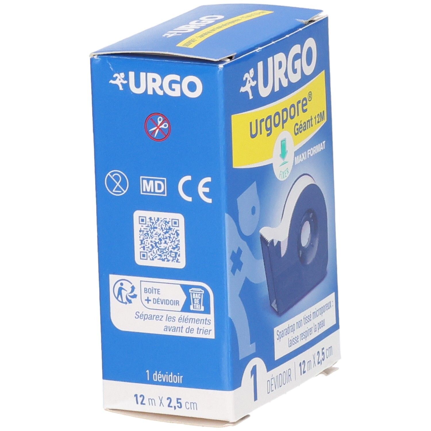 URGO Urgopore Géant 12M Maxi Format rouleau de sparadrap avec dévidoir. Marquage CE et symbole MD visibles.