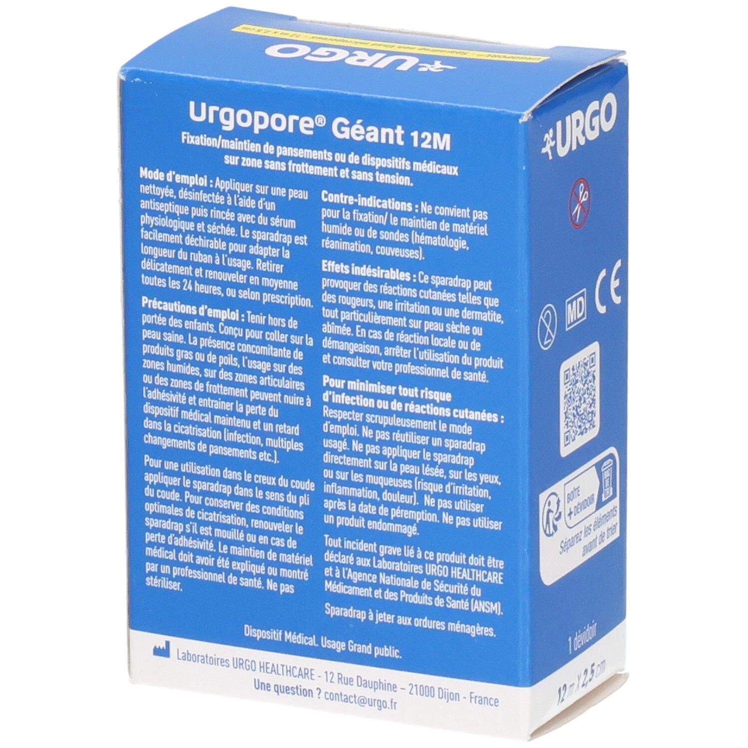 Dos de la boîte URGO Urgopore Géant 12M Maxi Format avec instructions d'utilisation et contre-indications.