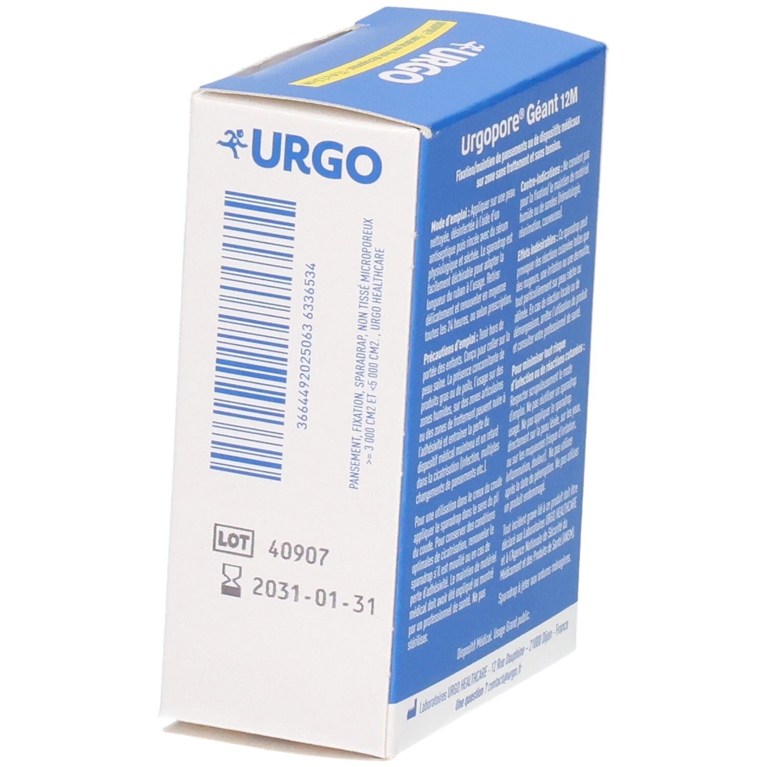 Vue latérale de la boîte URGO Urgopore Géant 12M Maxi Format avec code-barres et numéro de lot.