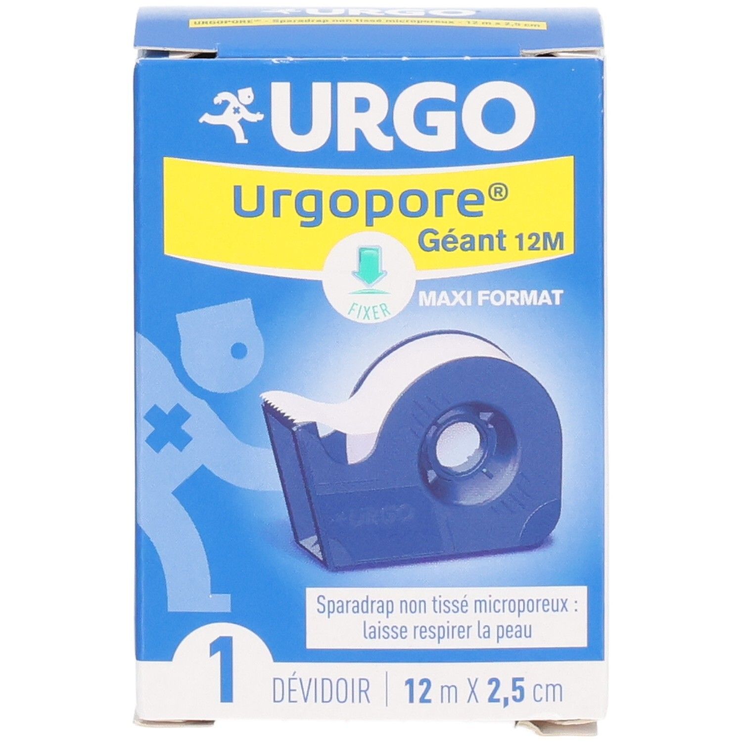 URGO Urgopore Géant 12M Maxi Format rouleau de sparadrap avec dévidoir, 12m x 2,5cm. Vue de face.