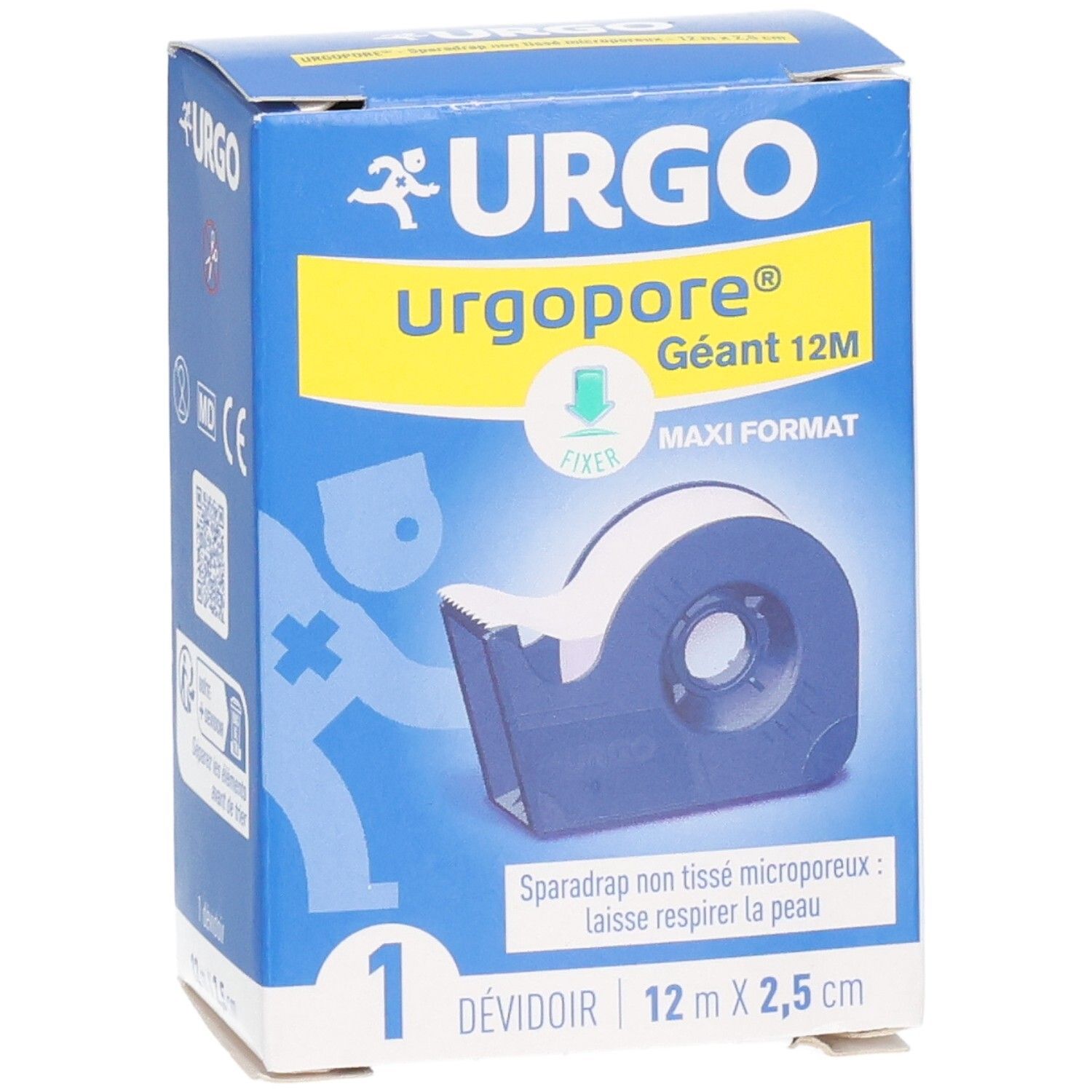 URGO Urgopore Géant 12M Maxi Format rouleau de sparadrap avec dévidoir. Gros plan du produit sur l'emballage.