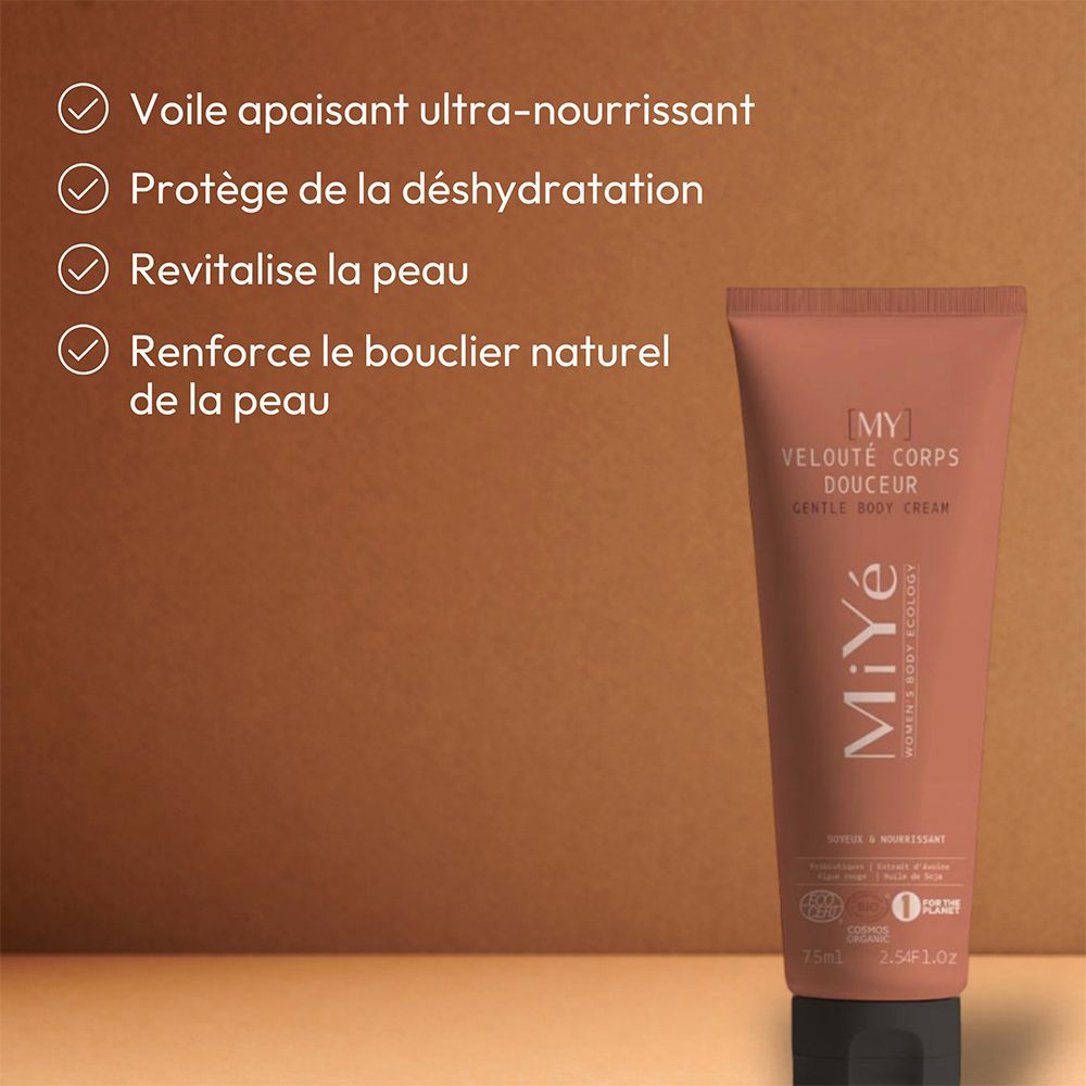 Tube de crème pour le corps à côté d'une liste de quatre avantages.