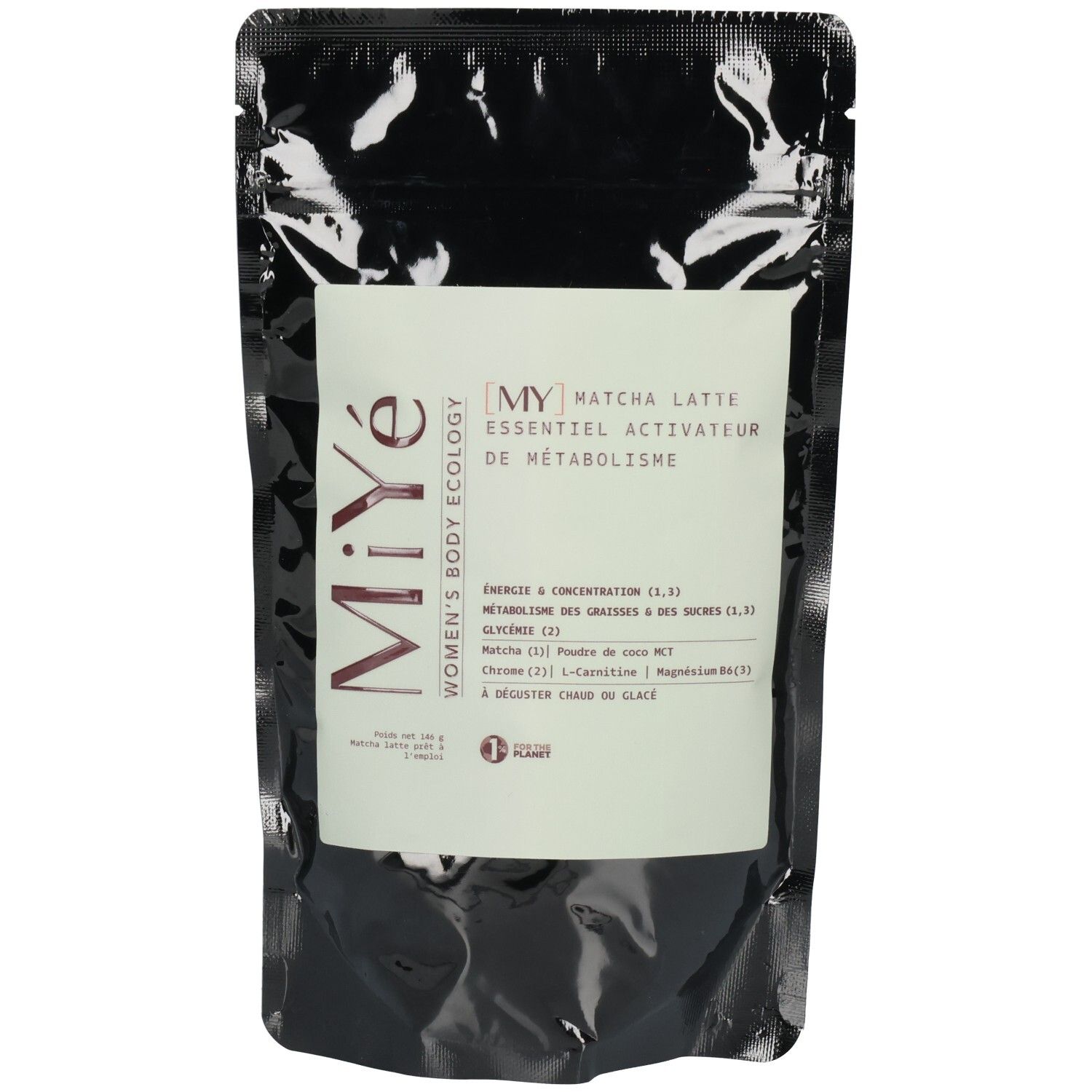 Avant d'un sachet Miyé Matcha Latte avec étiquette.