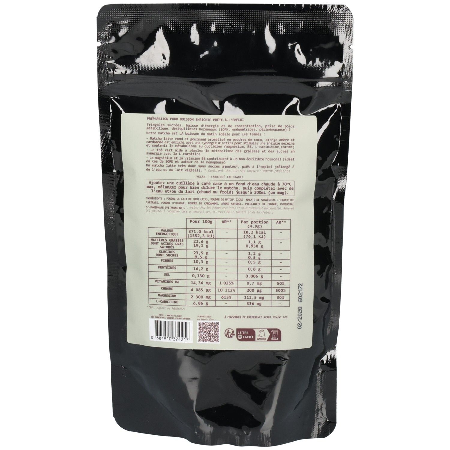Arrière d'un sachet Miyé Matcha Latte avec informations nutritionnelles.