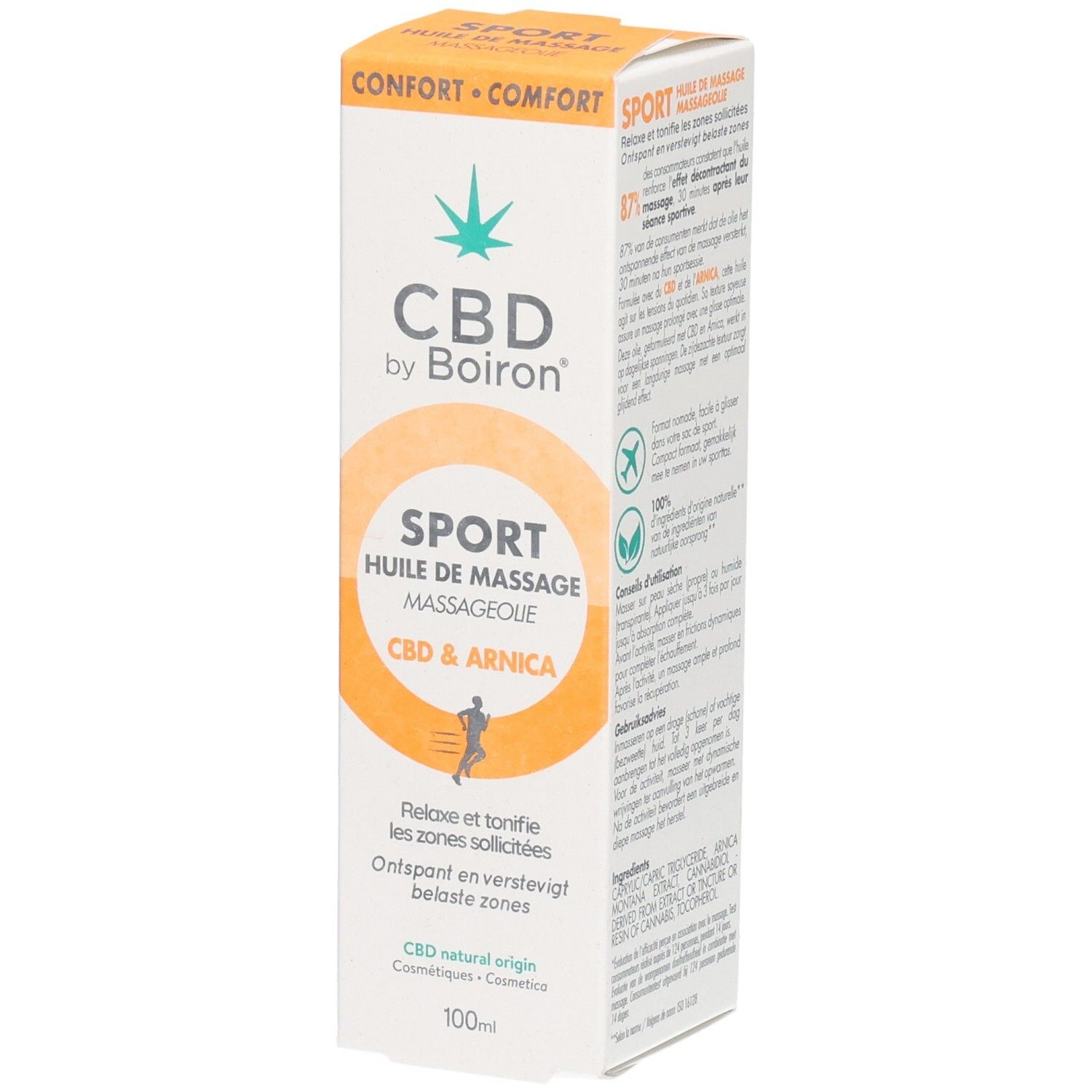 Boîte blanche et orange. Inscription: CBD by Boiron, SPORT, Huile de massage, CBD & Arnica. Logo vert et blanc. 100ml.