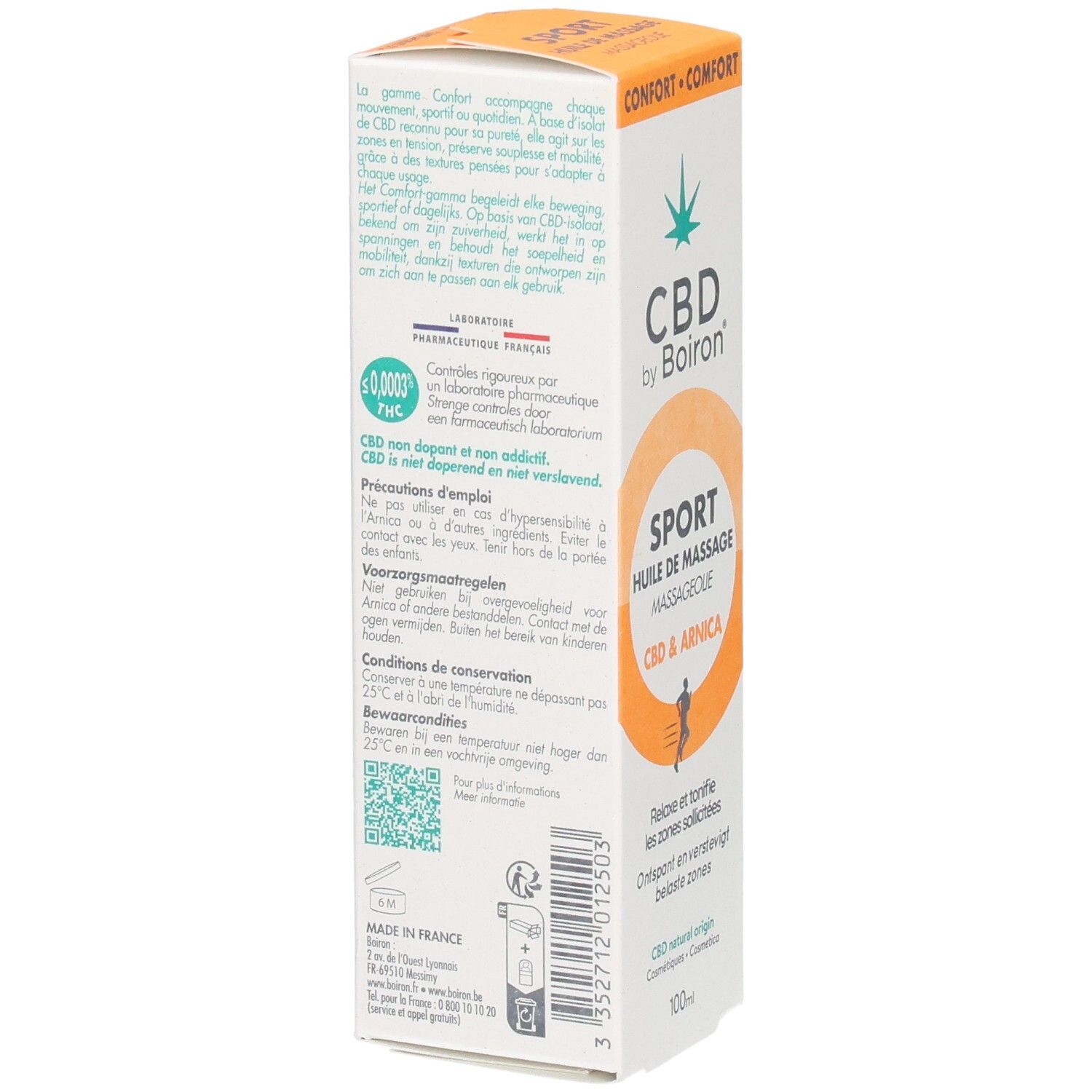 Boîte avec texte. Inscription: CBD by Boiron, SPORT, Huile de massage, CBD & Arnica. Logo. Informations et code QR.