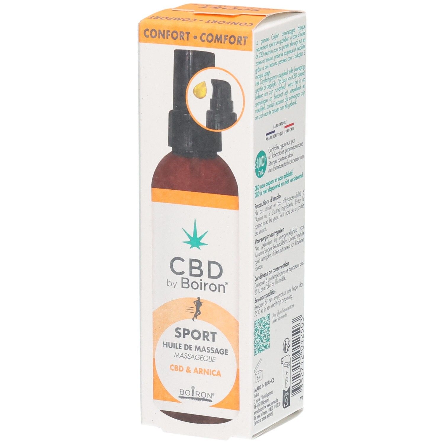Produit dans son emballage. Flacon brun avec vaporisateur. Inscription: CBD by Boiron, SPORT, Huile de massage, CBD & Arnica.
