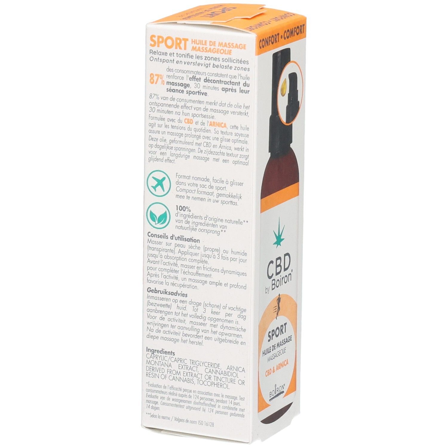 Boîte avec texte. Inscription: CBD by Boiron, SPORT, Huile de massage, CBD & Arnica. Logo. Informations et ingrédients.