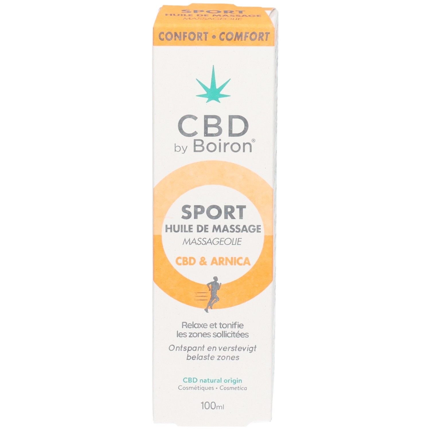 Boîte blanche et orange. Inscription: CBD by Boiron, SPORT, Huile de massage, CBD & Arnica. Logo. 100ml.