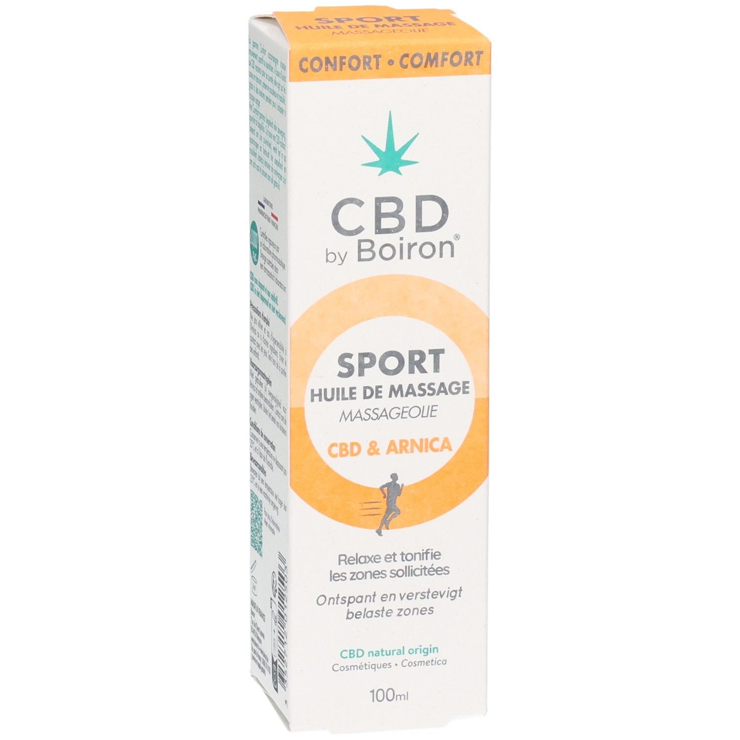 Boîte blanche et orange. Inscription: CBD by Boiron, SPORT, Huile de massage, CBD & Arnica. Logo. 100ml.