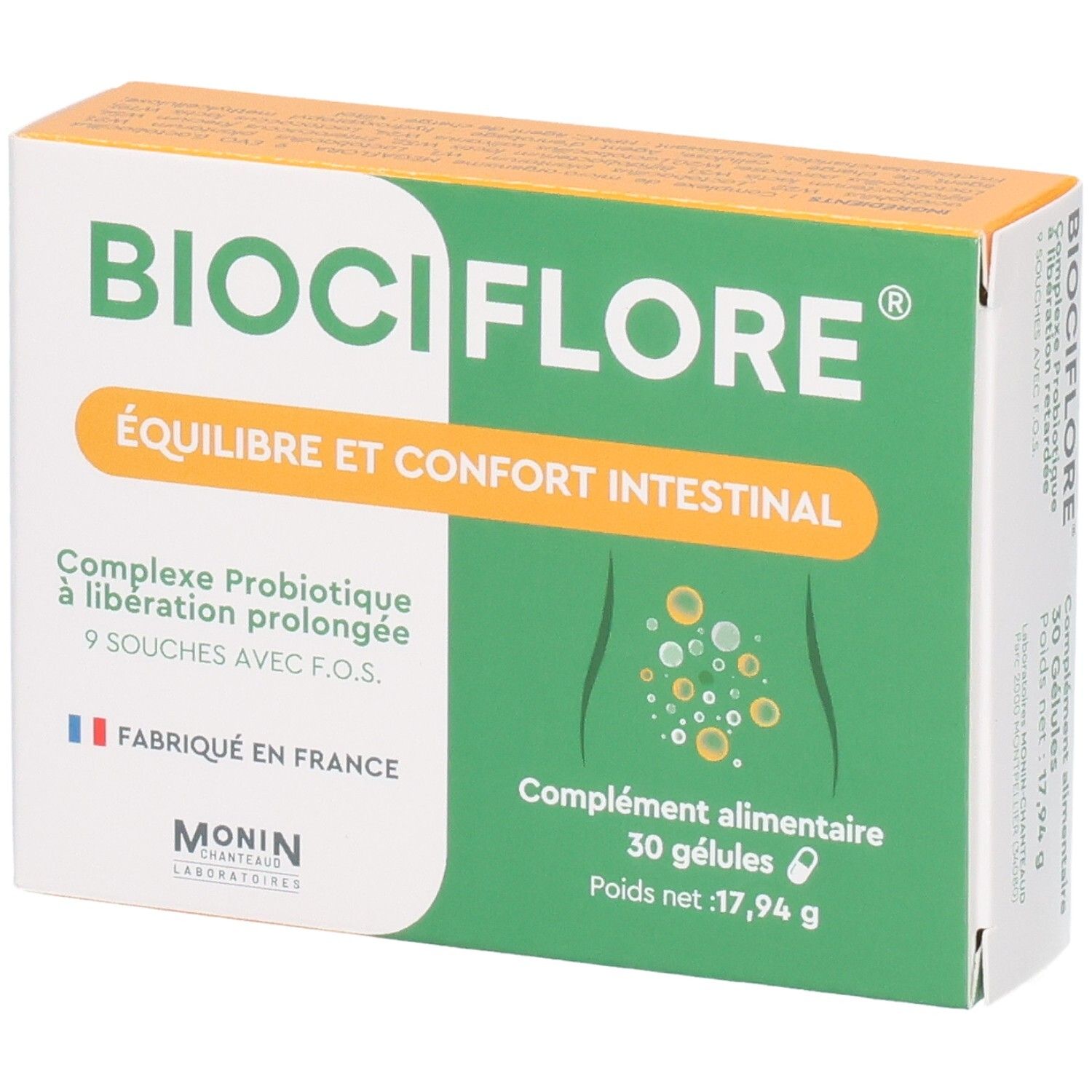 Boîte BIOCIFLORE. Boîte verte et blanche avec nom et description du produit. Contient 30 gélules. Fabriqué en France.