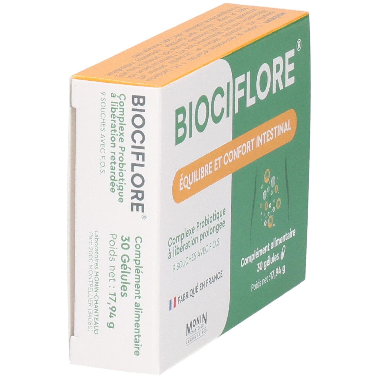Boîte BIOCIFLORE en biais. Boîte verte et blanche avec informations produit. Contient 30 gélules. Fabriqué en France.