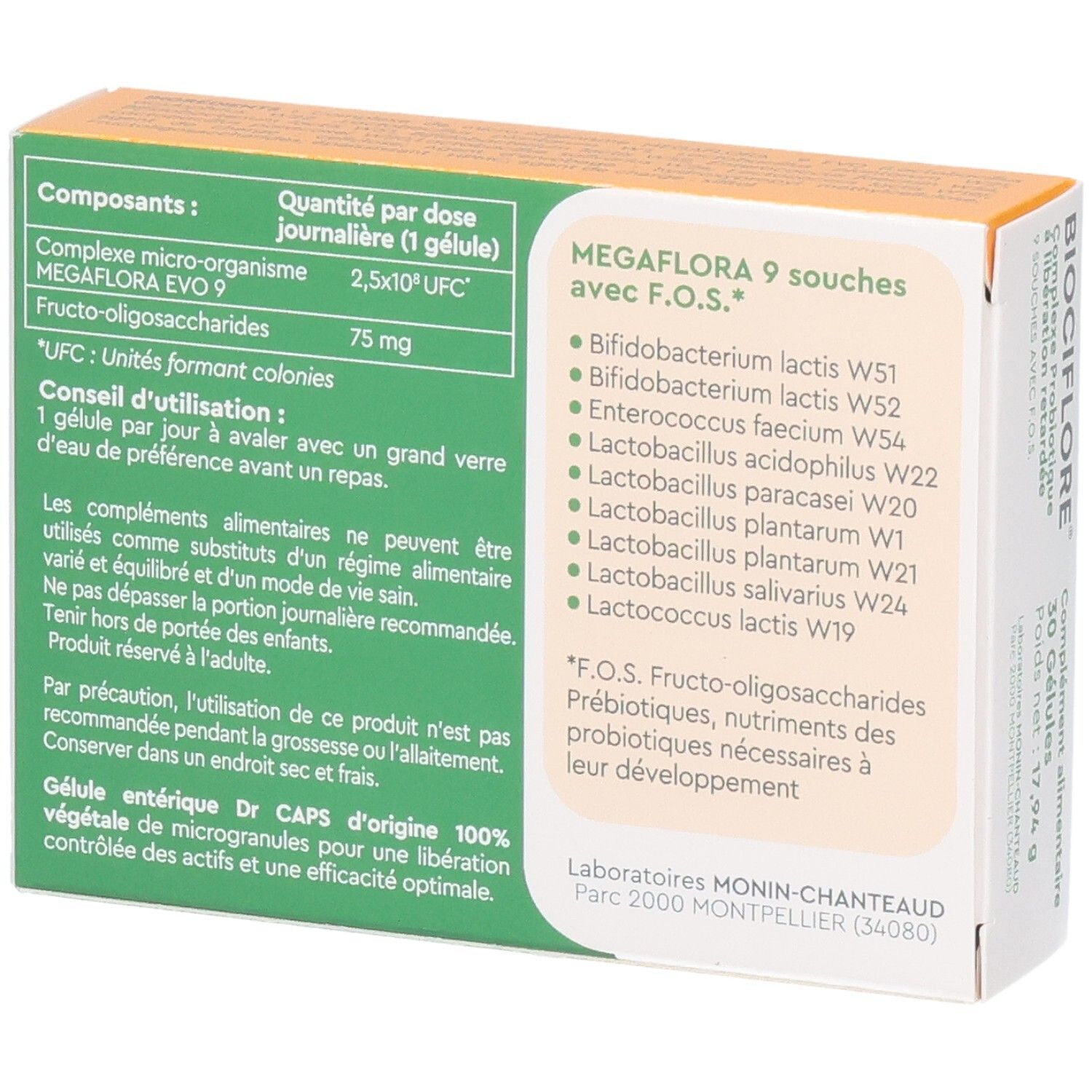 Dos de la boîte BIOCIFLORE. Contient des informations sur les ingrédients et l'utilisation. Liste des ingrédients et dosage.