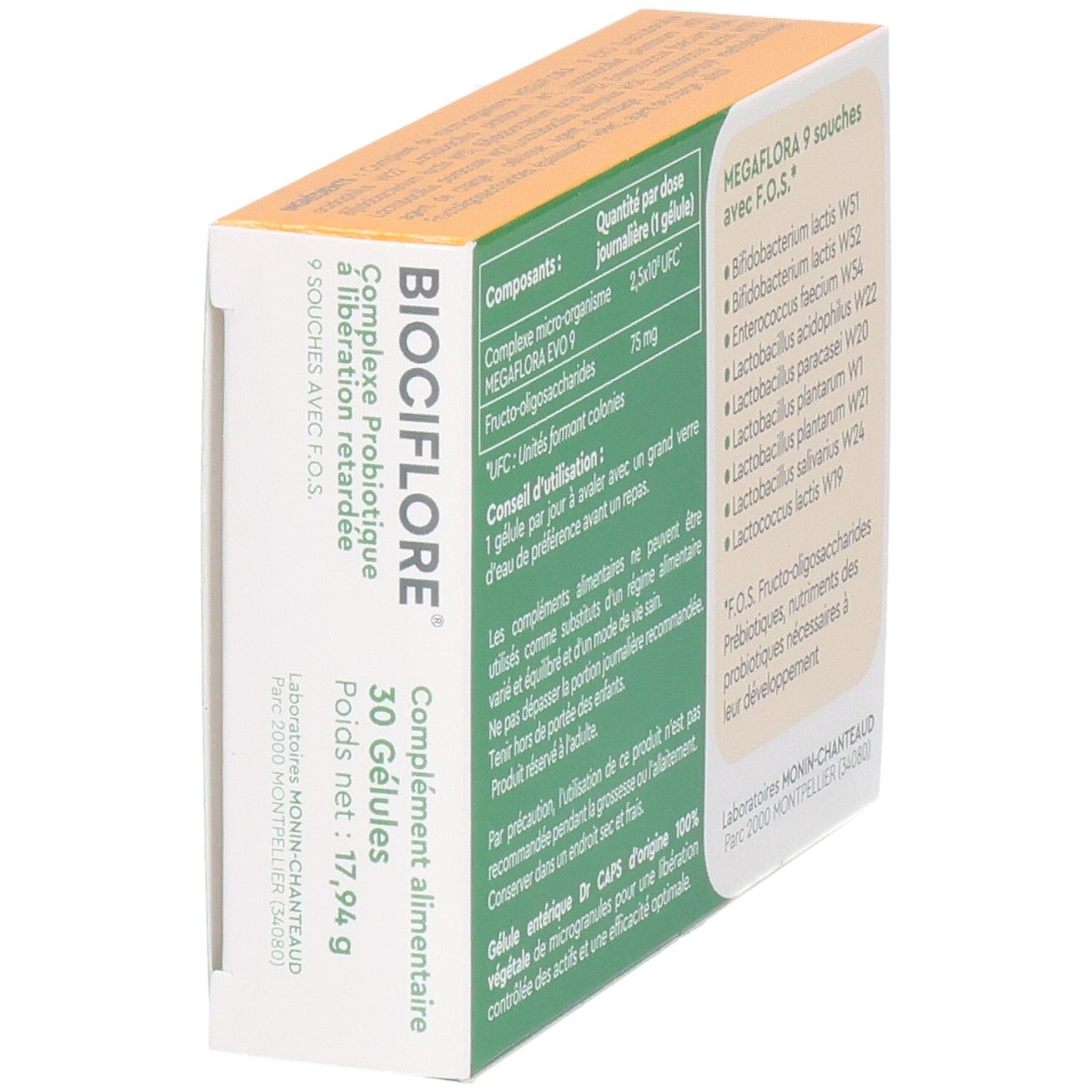 Boîte BIOCIFLORE en biais. Dos avec ingrédients et instructions d'utilisation. Contient 30 gélules.