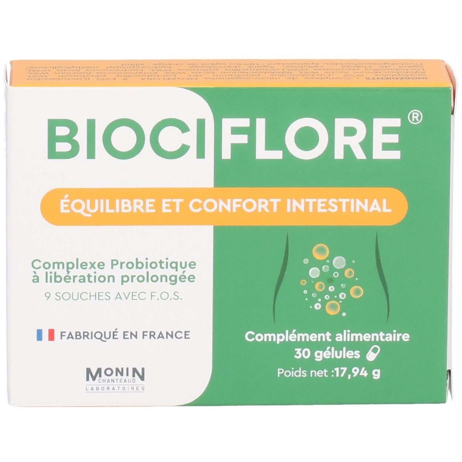 Boîte BIOCIFLORE. Boîte verte et blanche avec nom et description du produit. Contient 30 gélules. Fabriqué en France.