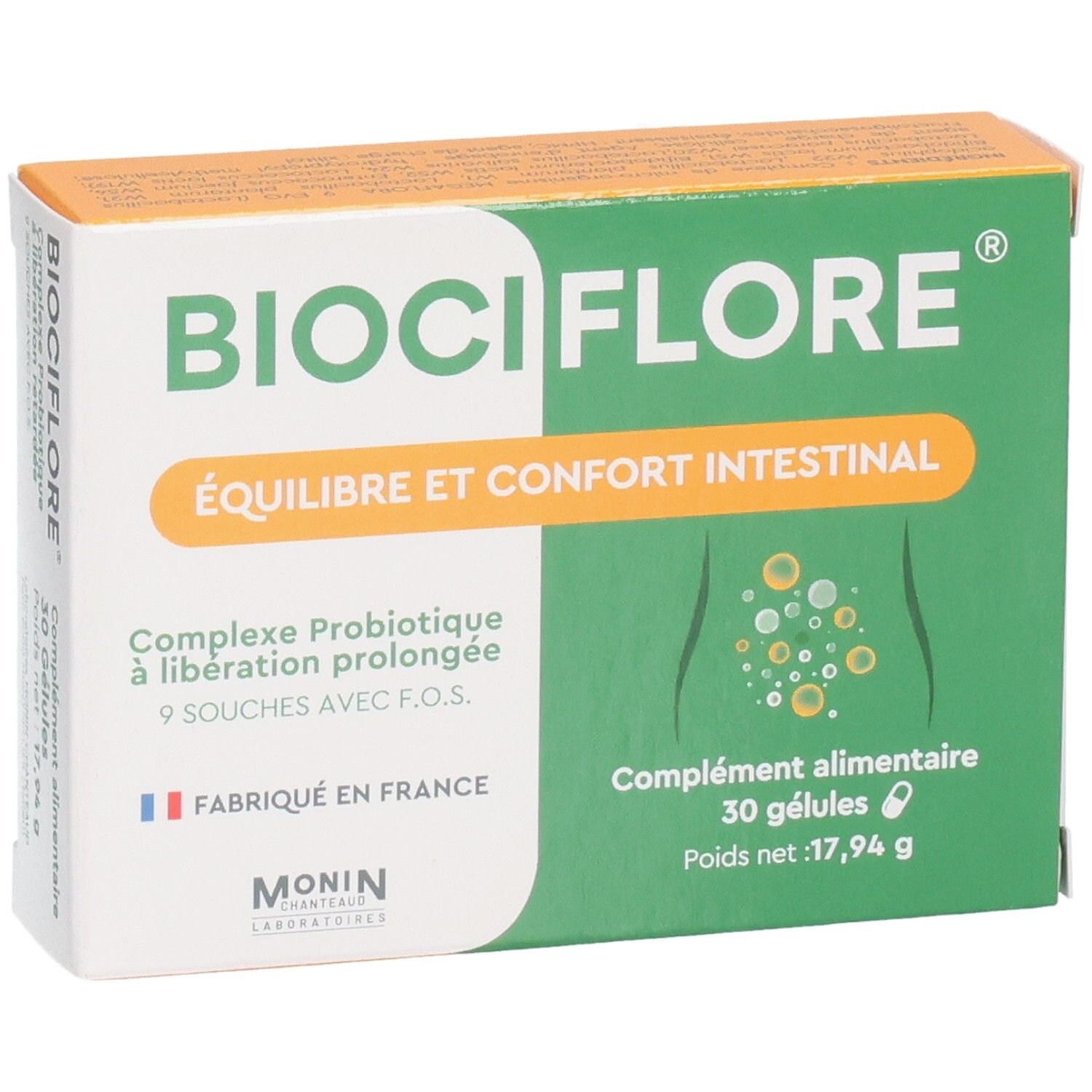 Boîte BIOCIFLORE. Boîte verte et blanche avec nom et description du produit. Contient 30 gélules. Fabriqué en France.