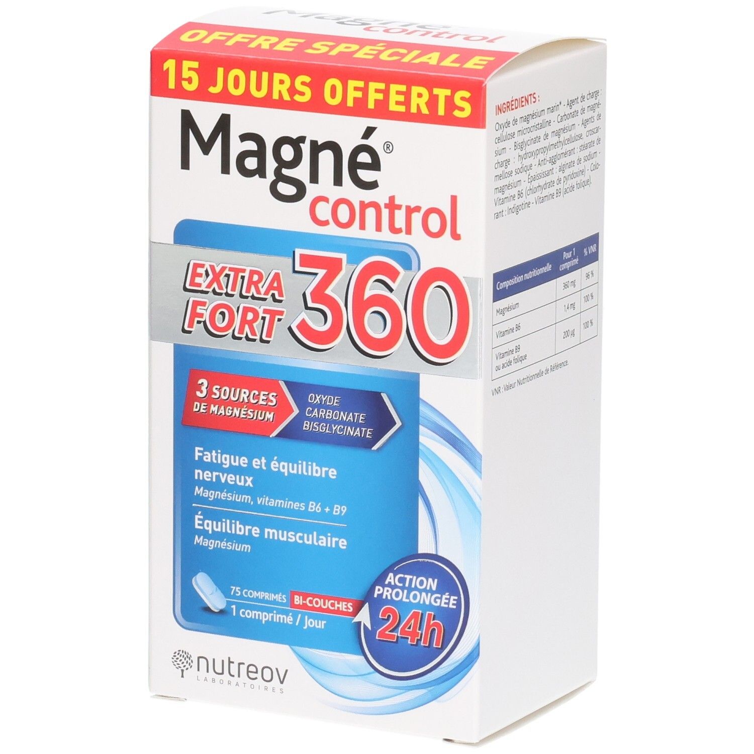 Boîte Magne Control Extra Fort 360, 75 comprimés, 3 sources de magnésium, B6+B9.