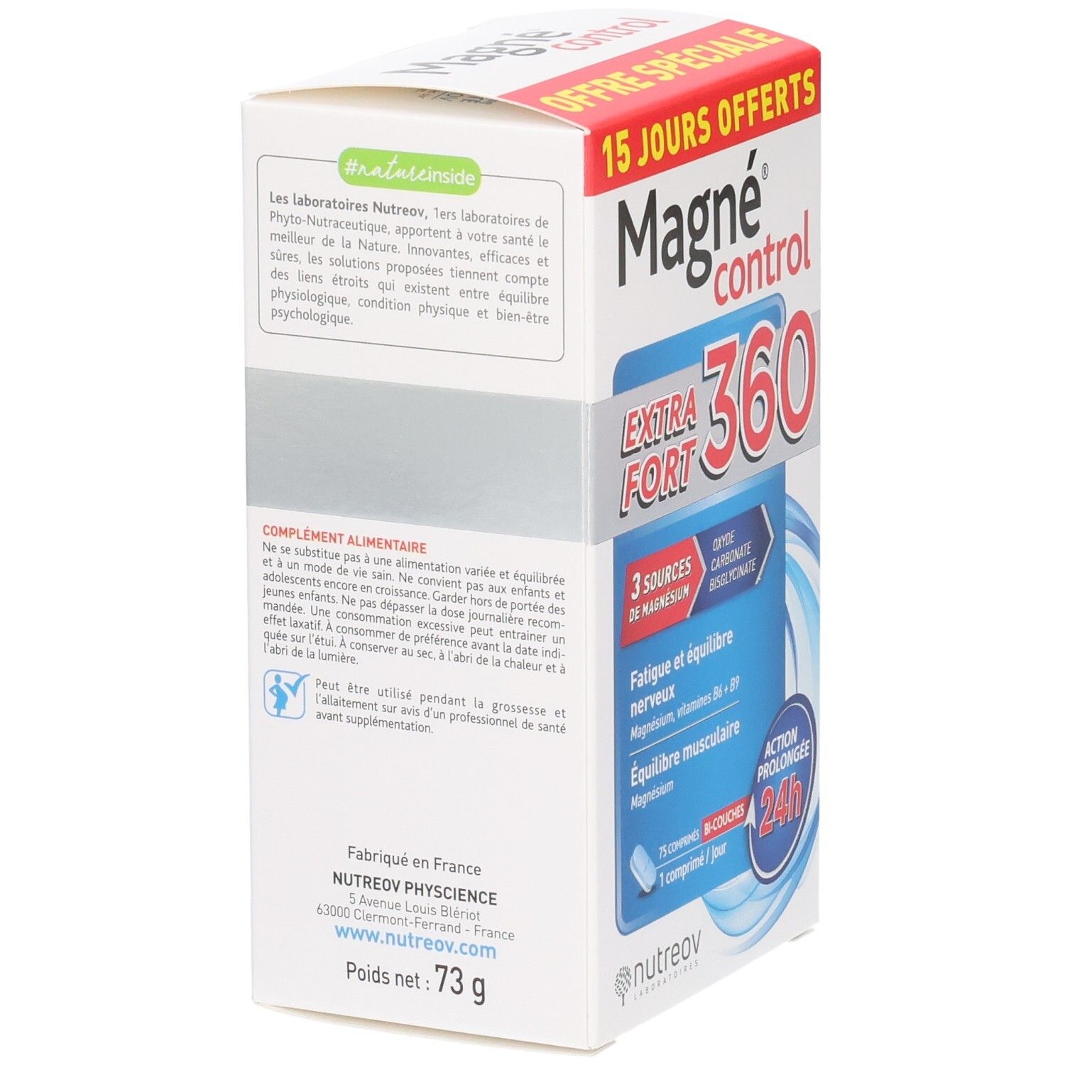 Arrière de la boîte Magne Control Extra Fort 360 avec informations produit et détails fabricant.