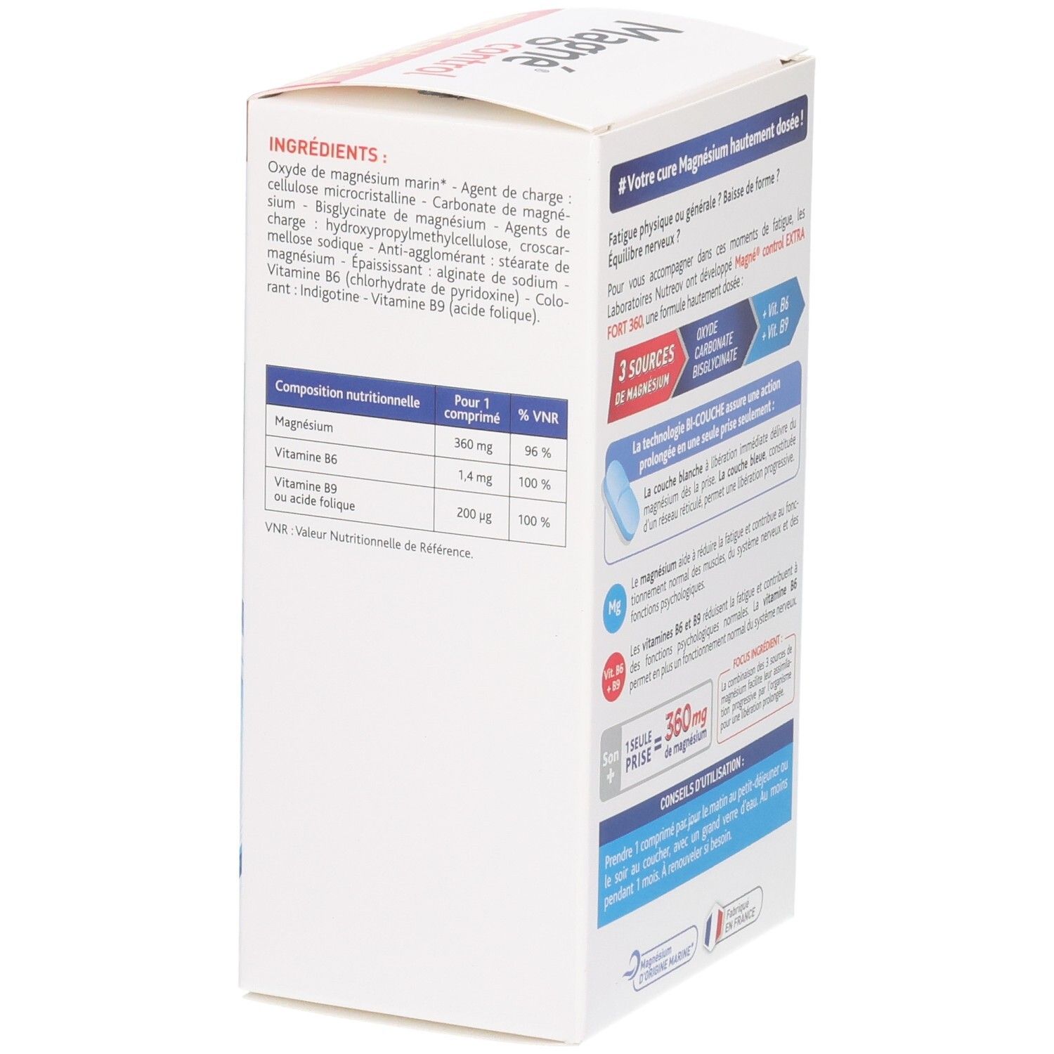 Vue latérale de la boîte Magne Control Extra Fort 360 avec tableau nutritionnel et ingrédients.