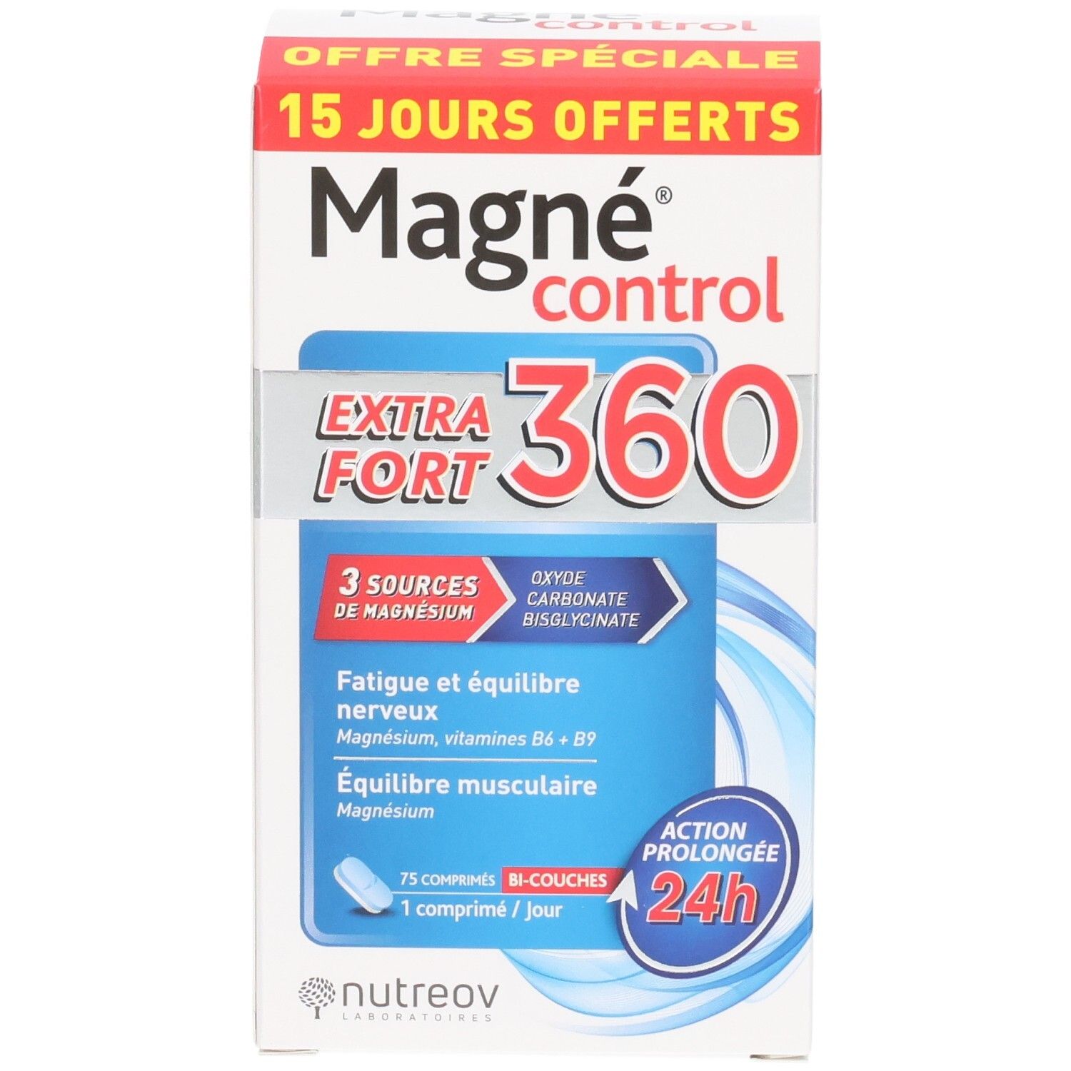 Face avant de la boîte Magne Control Extra Fort 360, mettant en avant 75 comprimés et action 24h.