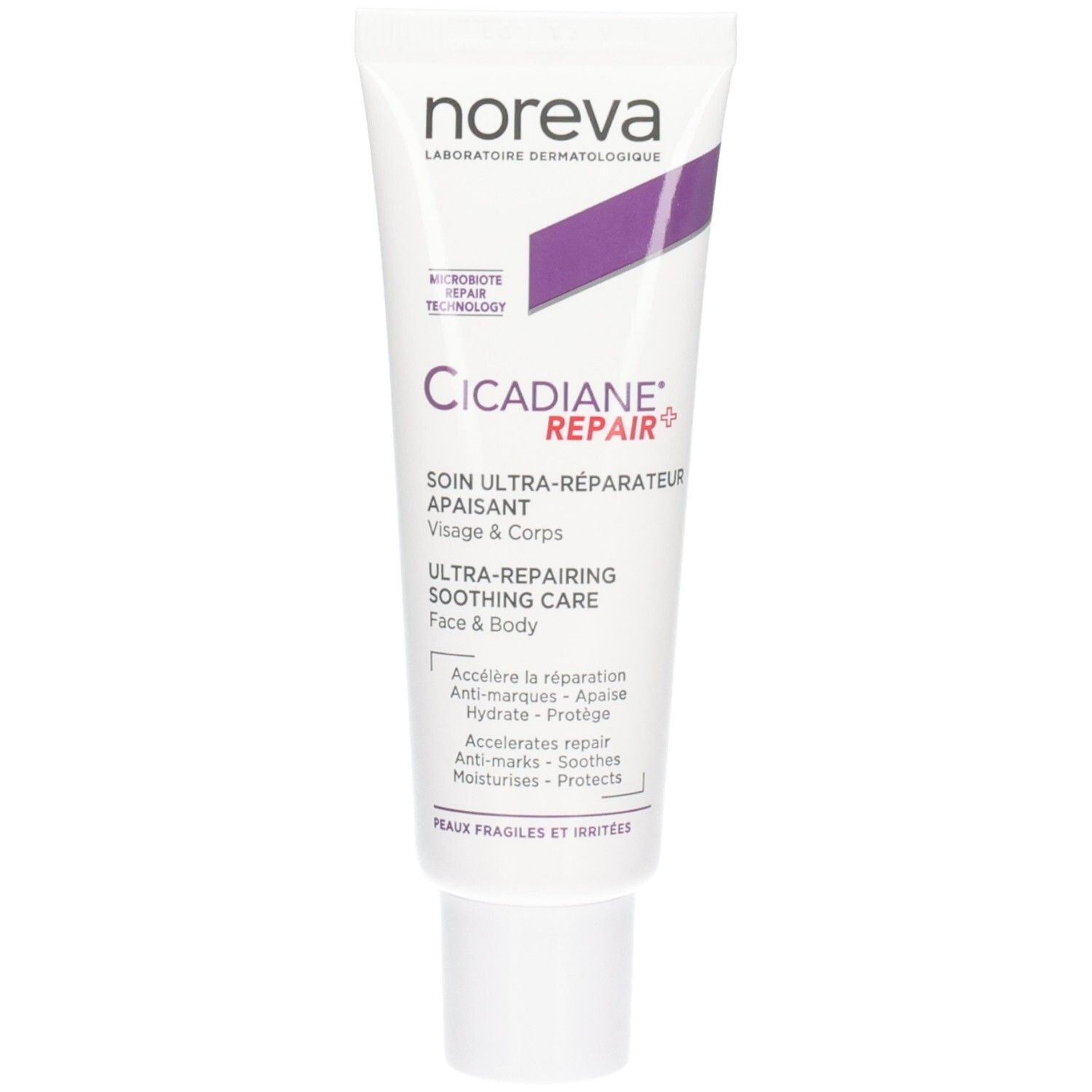 Tube Noreva Cicadiane Repair+ avec accents violets. Formulation laboratoire dermatologique.