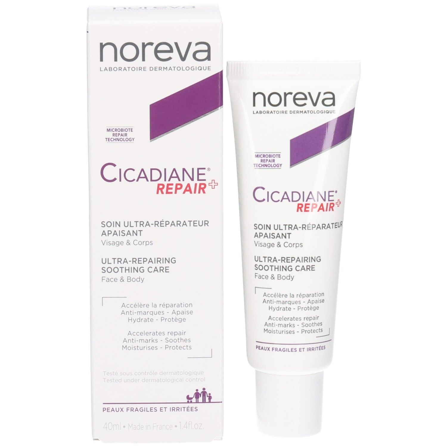 Tube et boîte Noreva Cicadiane Repair+. Formulation laboratoire dermatologique.