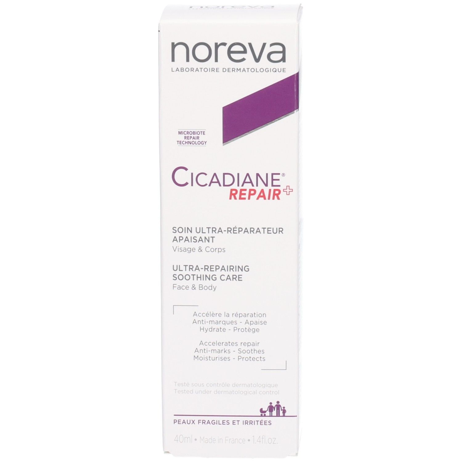 Boîte Noreva Cicadiane Repair+ avec informations produit et accents violets.