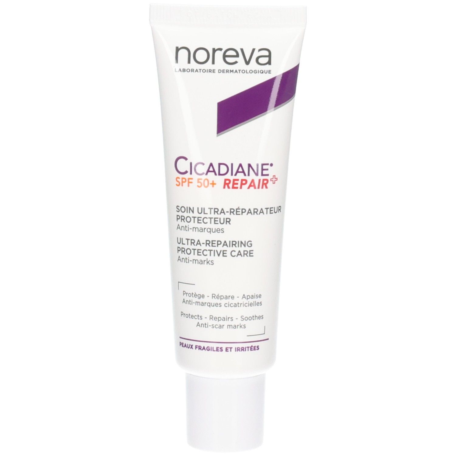 Tube Noreva Cicadiane SPF 50+ Repair. Soin ultra-réparateur protecteur anti-marques.