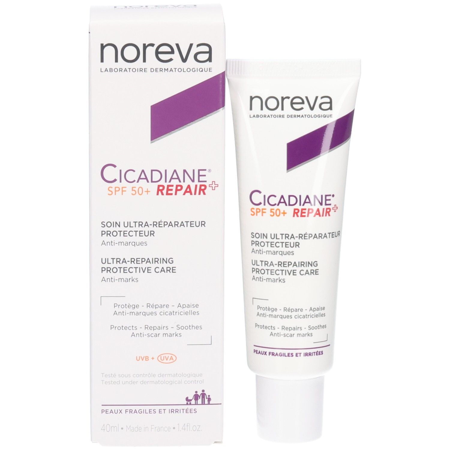 Tube et boîte Noreva Cicadiane SPF 50+ Repair. Soin ultra-réparateur protecteur.