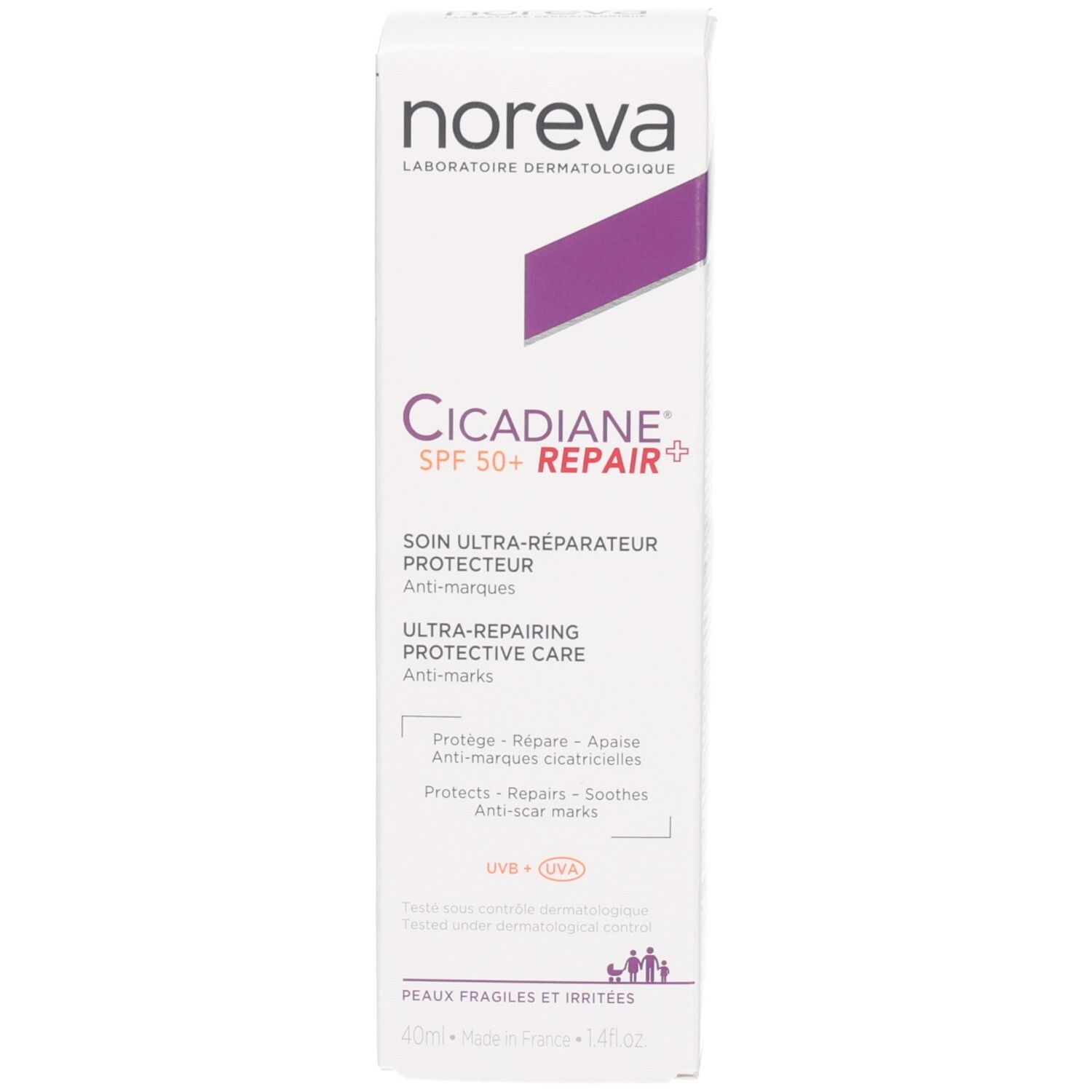 Boîte Noreva Cicadiane SPF 50+ Repair. Soin ultra-réparateur protecteur anti-marques.