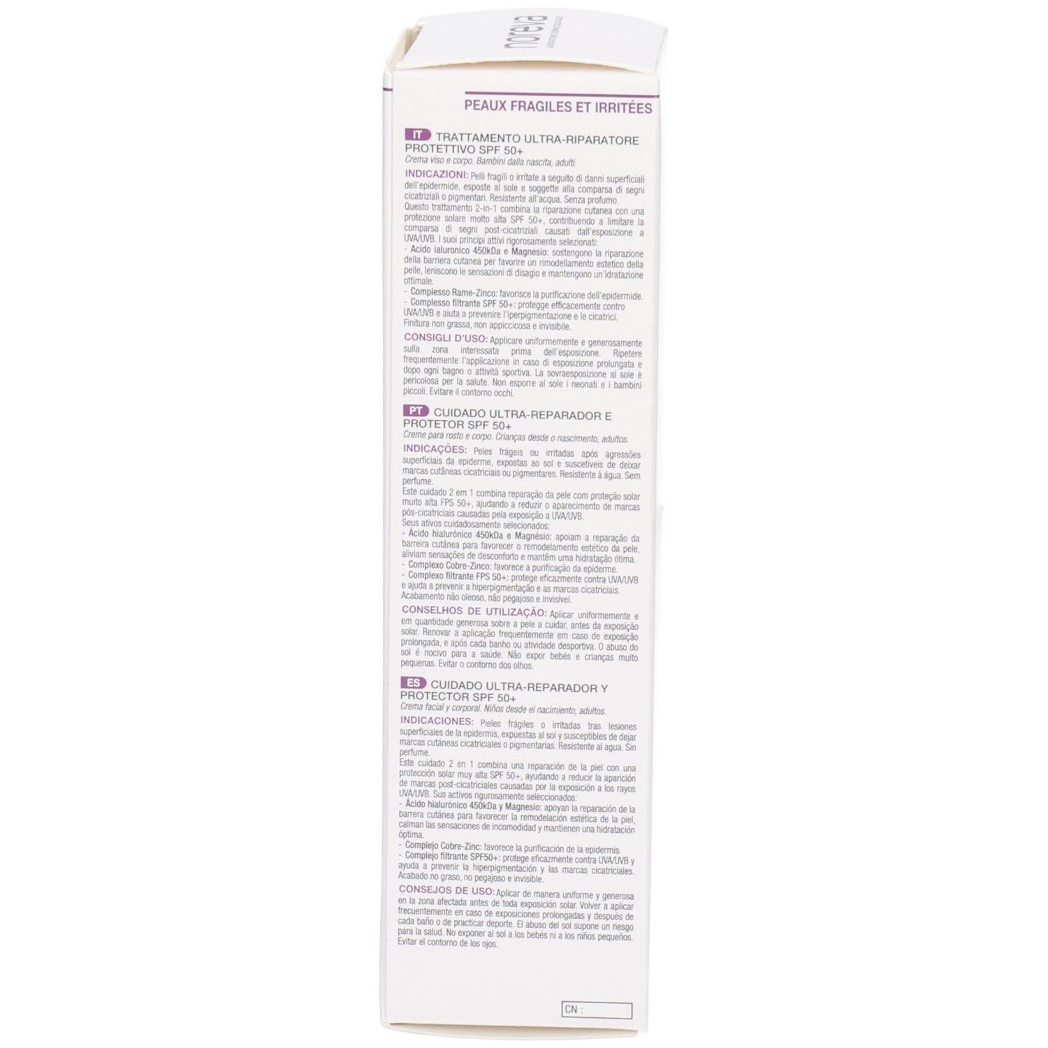 Vue latérale de la boîte Noreva Cicadiane SPF 50+ avec instructions.