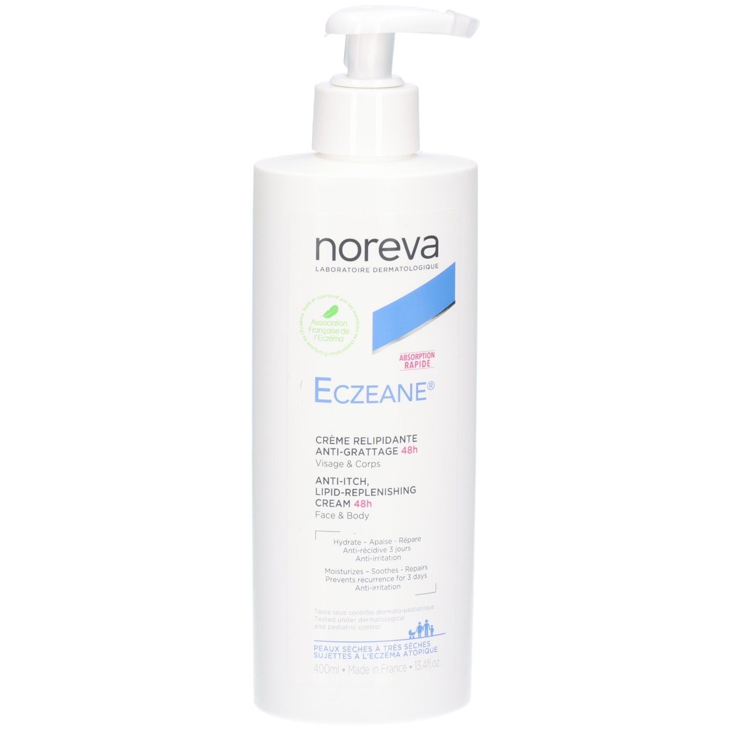 Flacon pompe blanc Noreva ECZEANE Crème relipidante anti-grattage 48h.