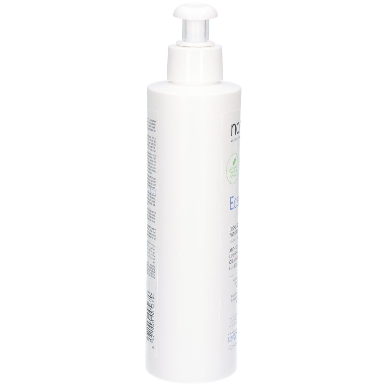 Côté d'un flacon pompe blanc Noreva ECZEANE Crème anti-grattage 48h.