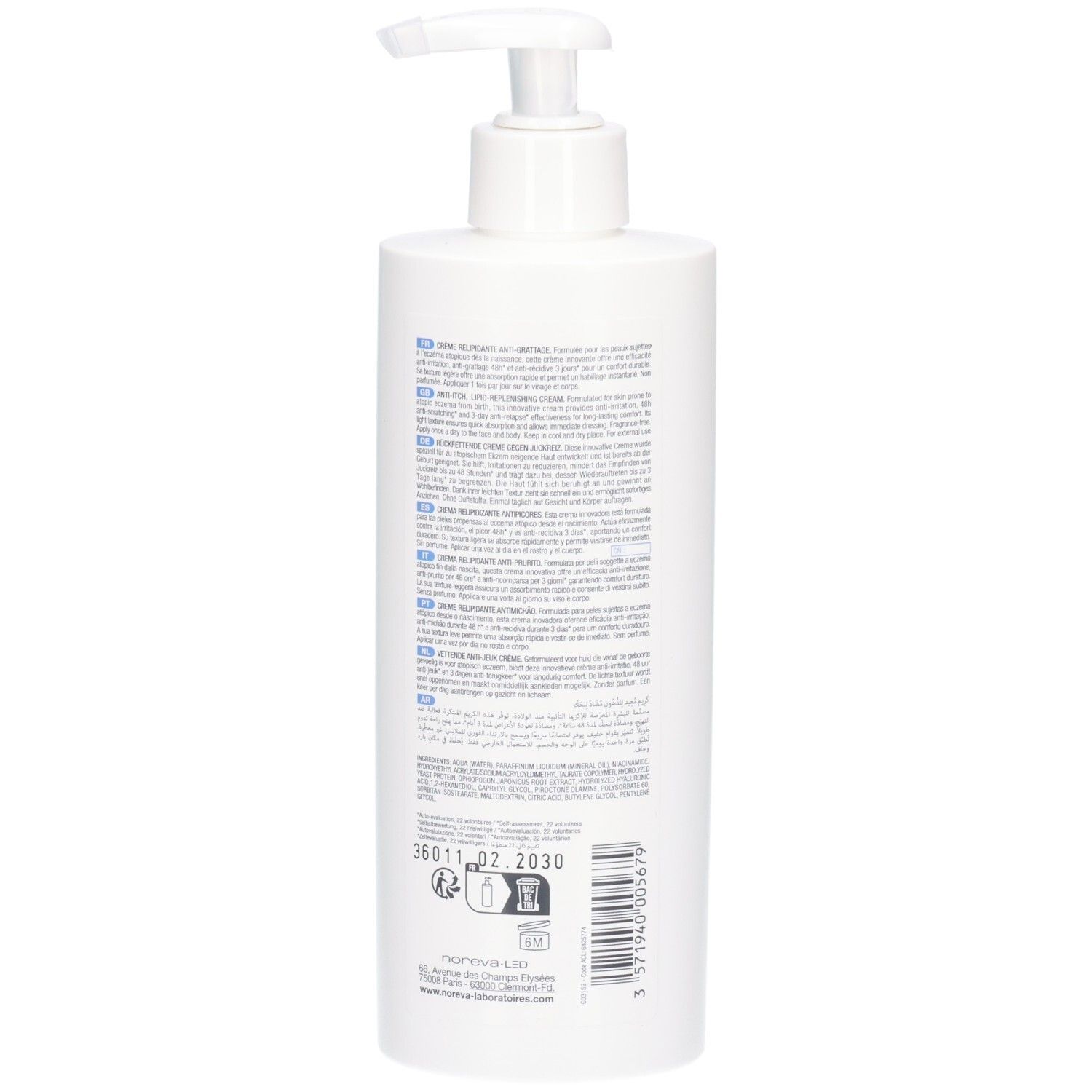 Arrière d'un flacon pompe blanc Noreva ECZEANE Crème anti-grattage 48h.