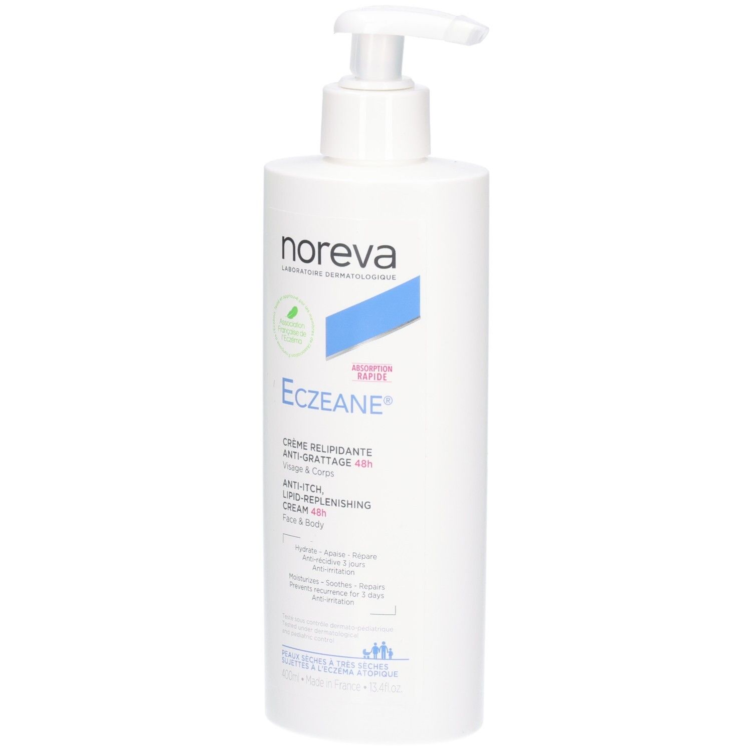 Flacon pompe blanc Noreva ECZEANE Crème anti-grattage 48h, Visage & Corps.